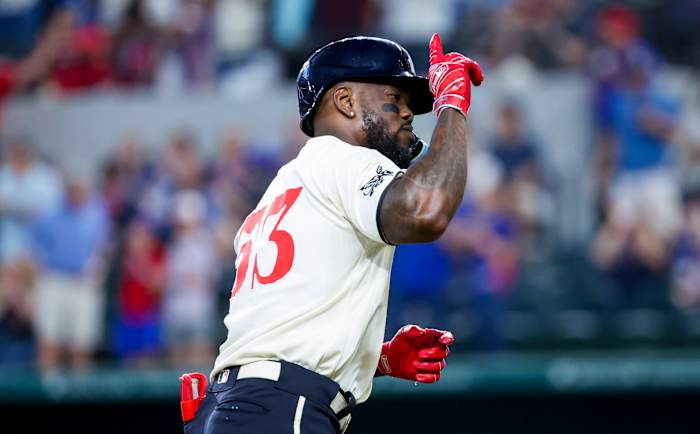 May 19, 2023; Arlington, Texas, USA; TTexas Rangers right fielder Adolis Garcia (53) reacts after hitting a two-run home run during the fourth inning against the Colorado Rockies at Globe Life Field. Mandatory Credit: Kevin Jairaj-USA TODAY Sports